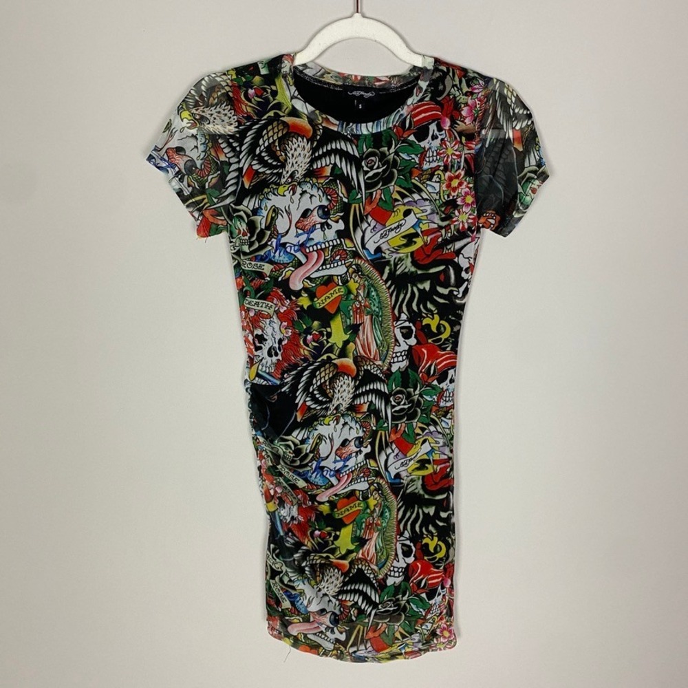 Ed Hardy Tattoo Print Mesh Mini Dress Womens‎ Small Ruched Skull Cyber Grunge